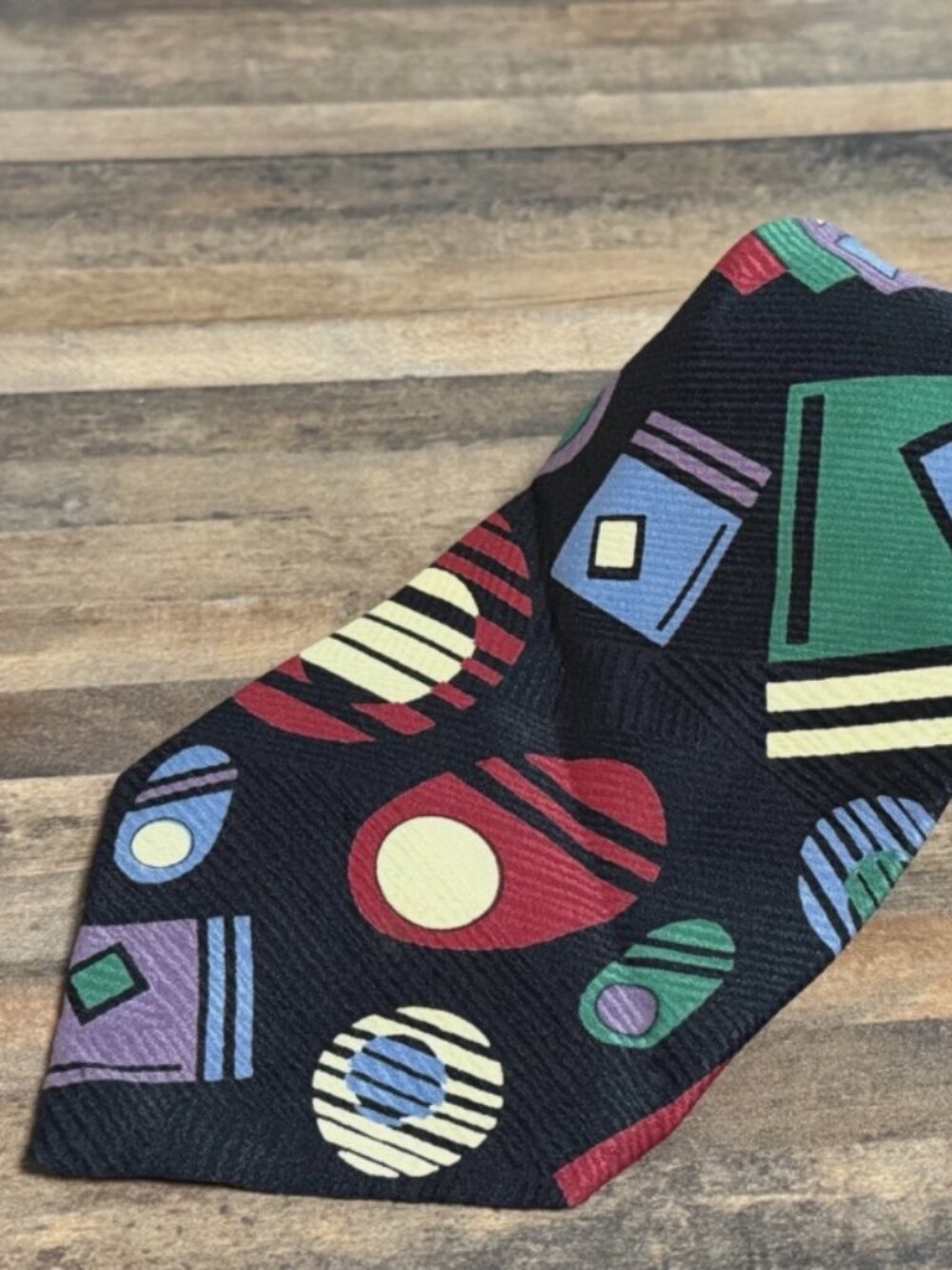 Vintage Bugle Boy USA Men’s Necktie – Black Multicolor Abstract Geometric Print